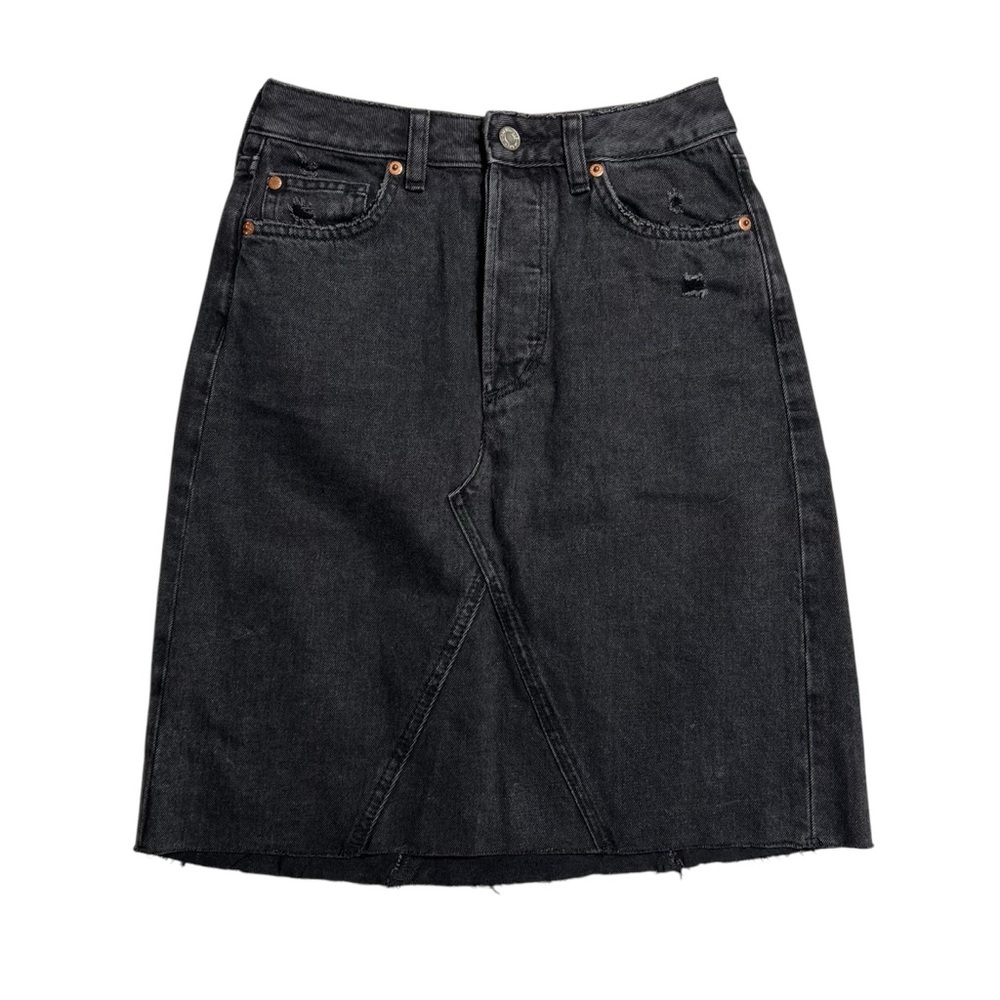 H&M Charcoal A-Line Midi Denim Skirt Raw Hem‎